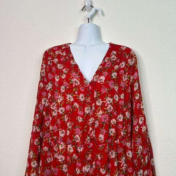 Draper James RSVP Women’s Red Floral Long Sleeve V Neck Midi Dress Size L - Picture 2 of 15
